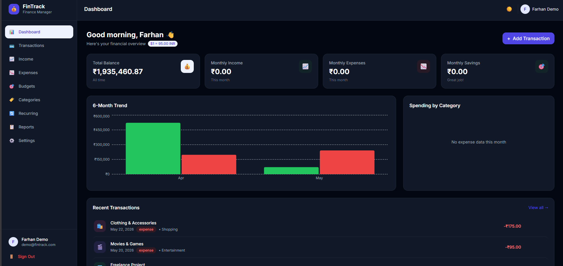 Finance Tracker project interface